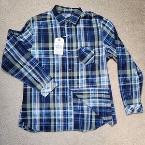 NWT Cooper Jones Supply Hand Faded Indgio Plaid Woven Button Down Large